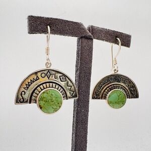 Boma Sterling Silver 925 Green Turquoise Round Dangle Earrings Boho Tribal